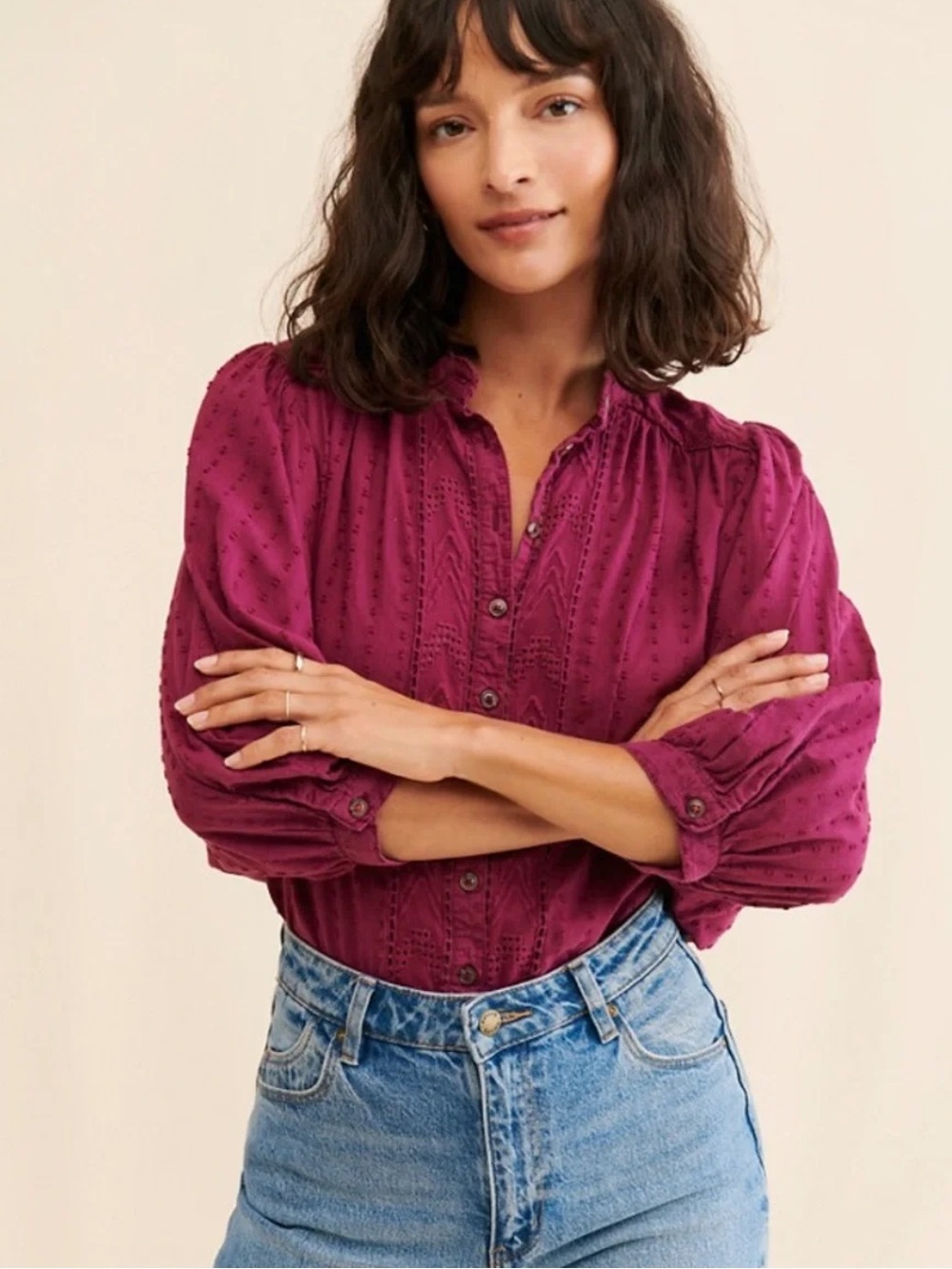 Anthropologie Pilcro Tavi Buttondown Embroidered Cotton Blouse Size M Raspberry